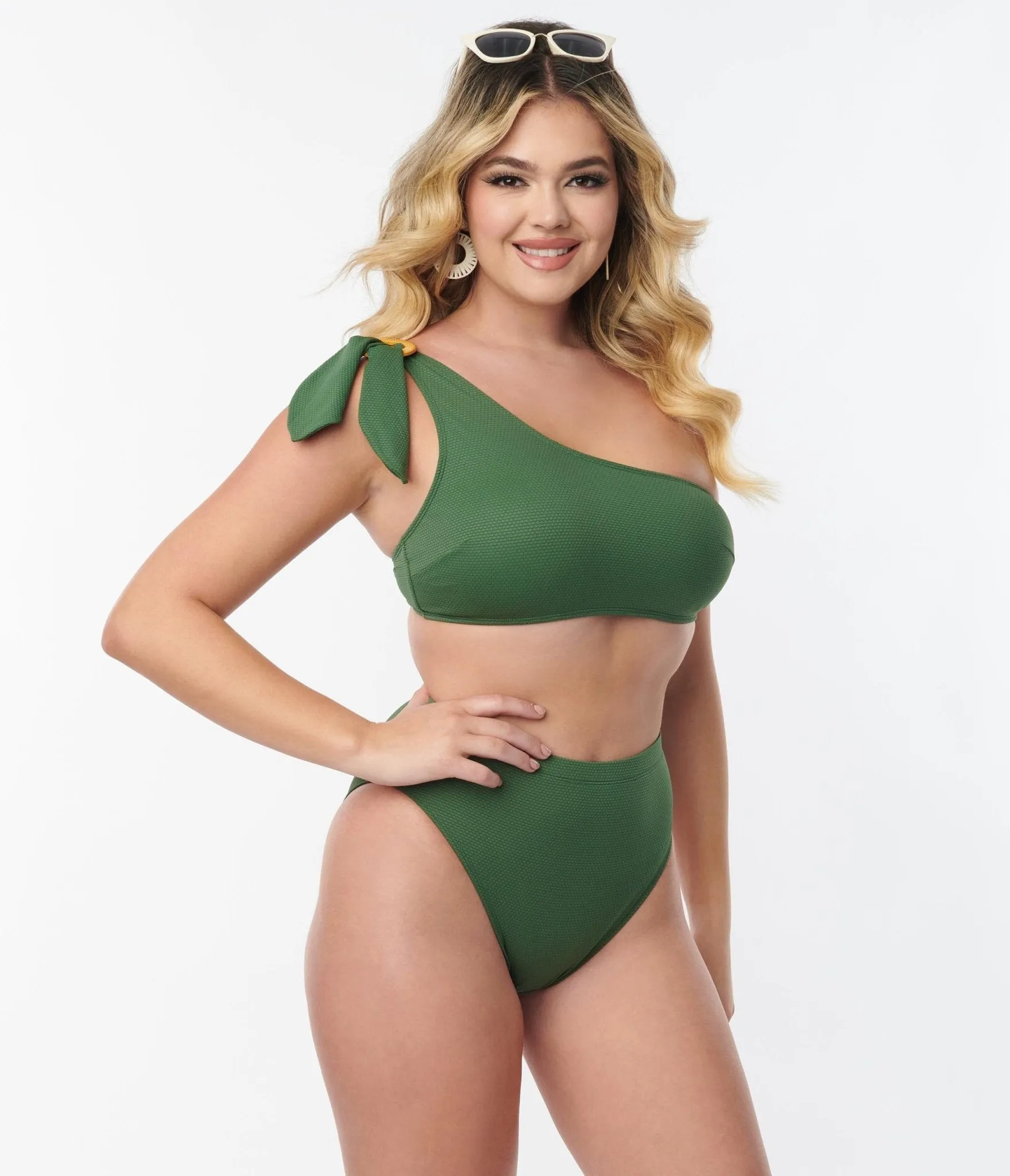 Green one-shoulder swim top with texture by Kingdom & State