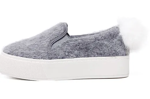 Grey Rabbit Fur Pom Sneakers Flats