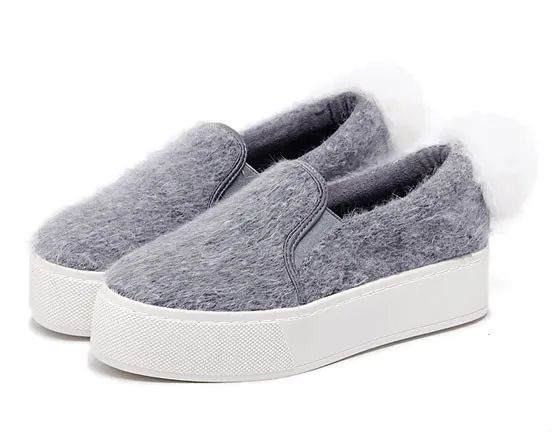 Grey Rabbit Fur Pom Sneakers Flats