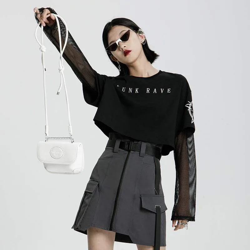 Grunge Style Loose Black Two-Piece T-shirt with Mesh Tops for Women