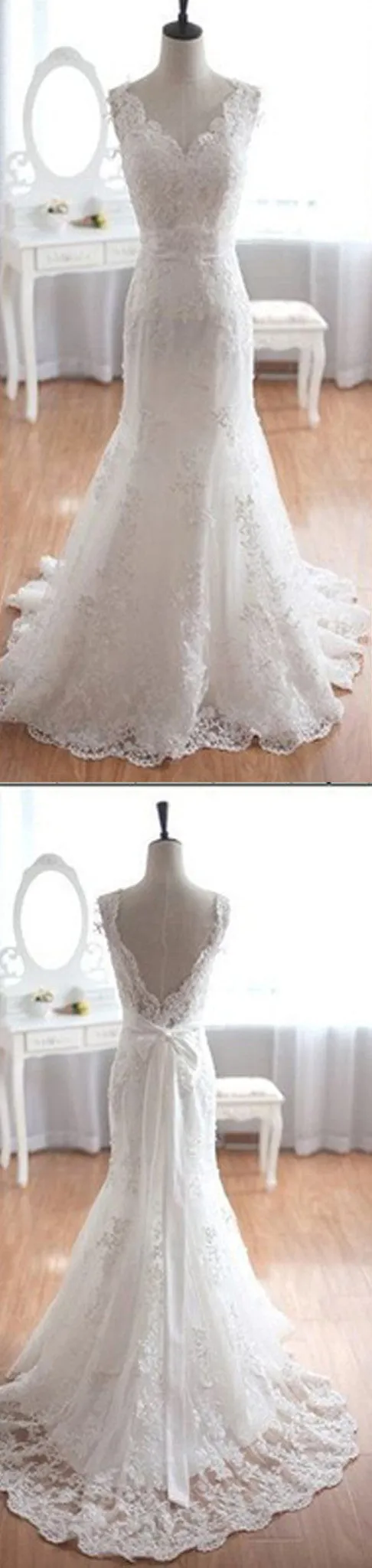 Elegant V-Neck White Lace Wedding Party Dress