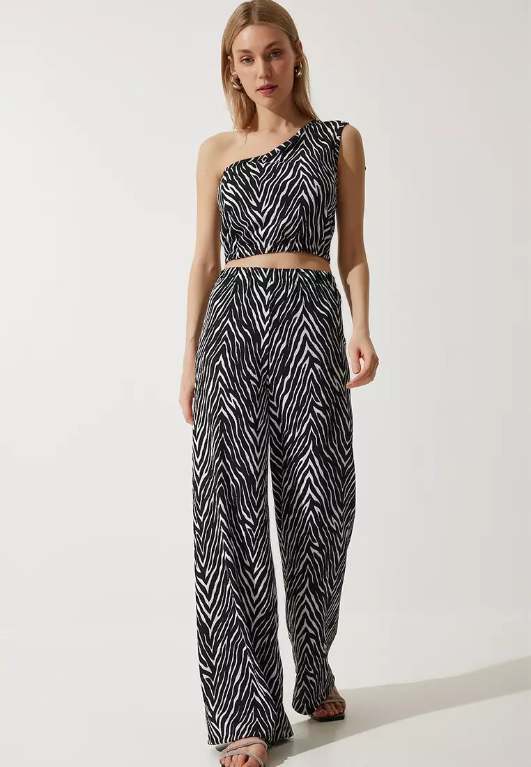 Happiness Istanbul Patterned Crop Top and Wide Leg Pants Set