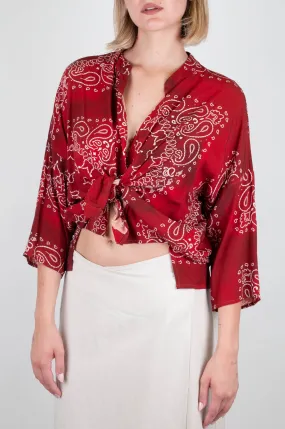 Haveone - Ethnic Pattern Viscose Crop Shirt with Korean Collar