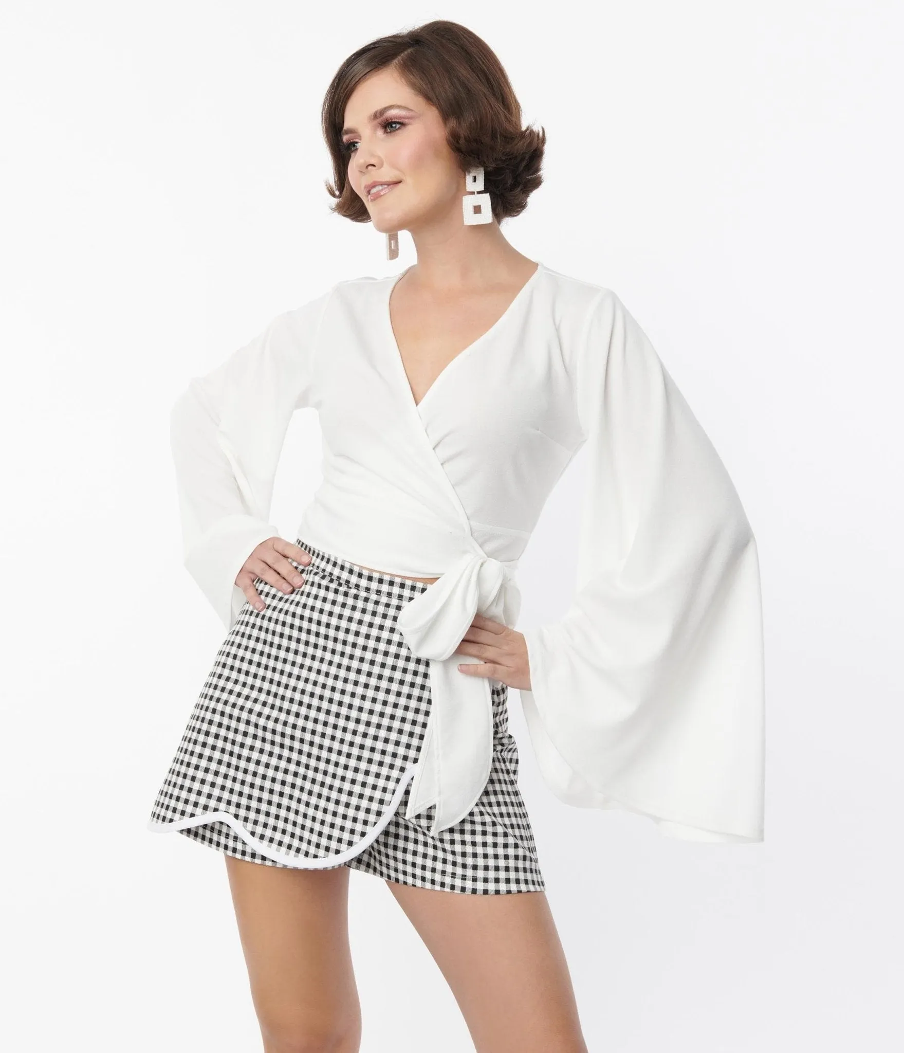 Trendy Gingham Faux Wrap Scalloped Skort