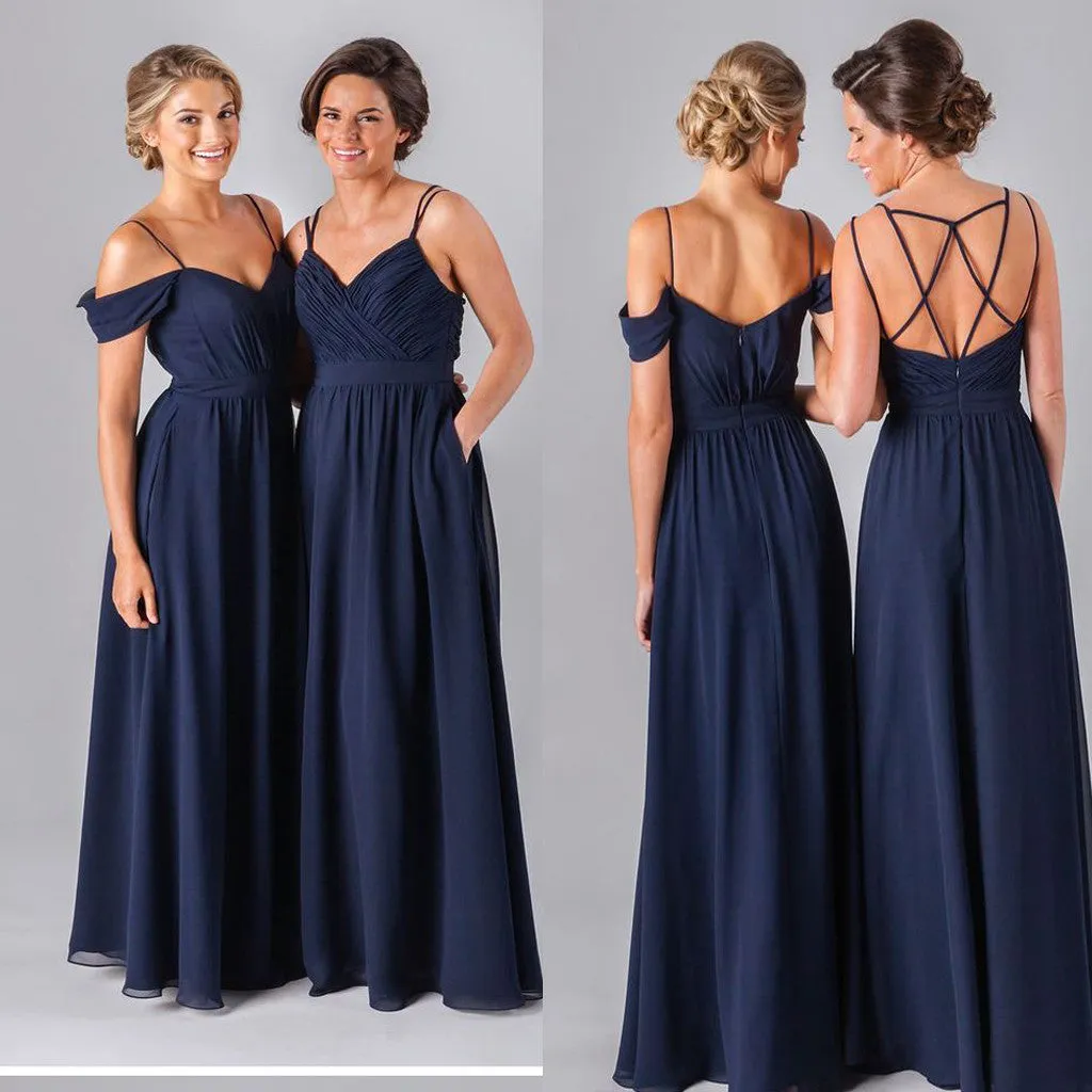 Mismatched Bridesmaid Dress in Navy with Spaghetti Straps and Off-Shoulder Design, Simple A-line with Pleats and Criss-Cross