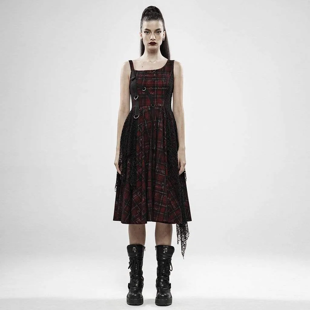 Irregular Red Plaid Slip Dresses With Mesh Ruffles for Women