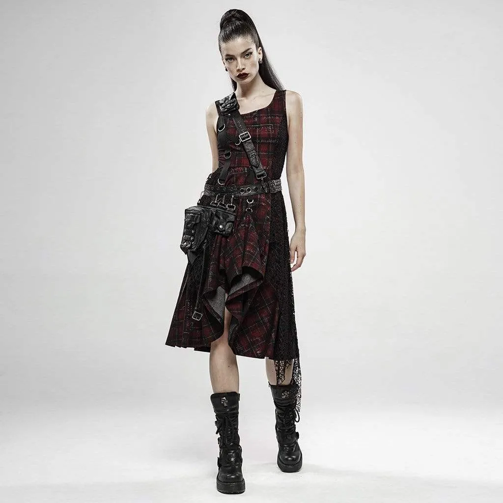 Irregular Red Plaid Slip Dresses With Mesh Ruffles for Women