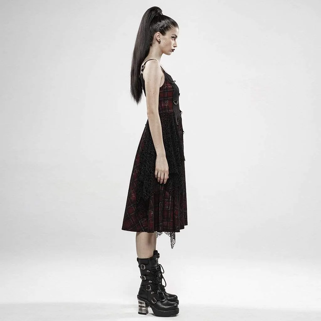 Irregular Red Plaid Slip Dresses With Mesh Ruffles for Women