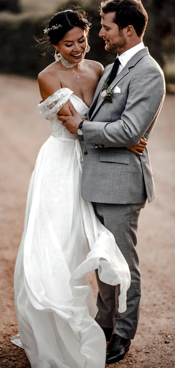 See Through Lace Ivory Tulle V-neck V-back Beach Bridal Gown