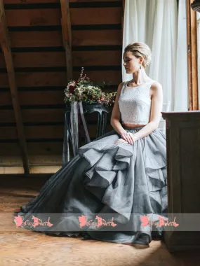 Two-Piece Grey Ruffle Skirt Wedding Dress with Ivory Lace Top