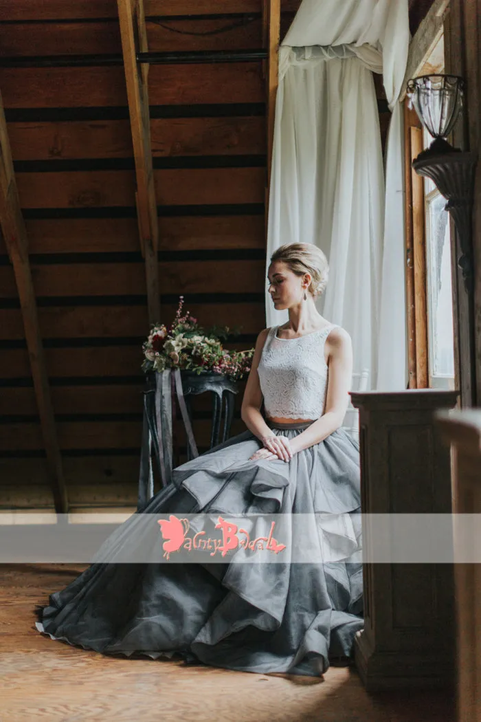 Two-Piece Grey Ruffle Skirt Wedding Dress with Ivory Lace Top