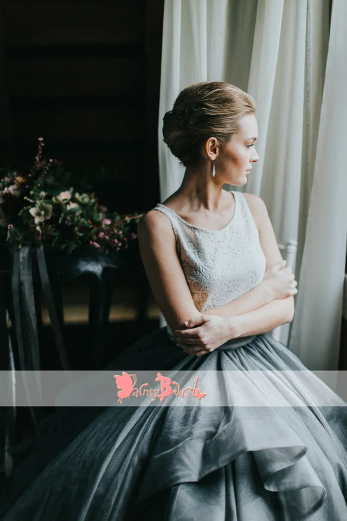 Two-Piece Grey Ruffle Skirt Wedding Dress with Ivory Lace Top