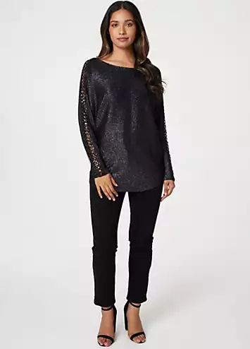 Izabel London Black Metallic Lace Sleeve Knit Pullover | Kaleidoscope
