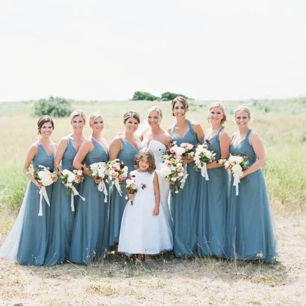 Mismatched Long Bridesmaid Dress with Jade Tulle and V-neck