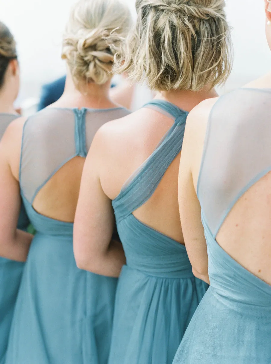 Mismatched Long Bridesmaid Dress with Jade Tulle and V-neck