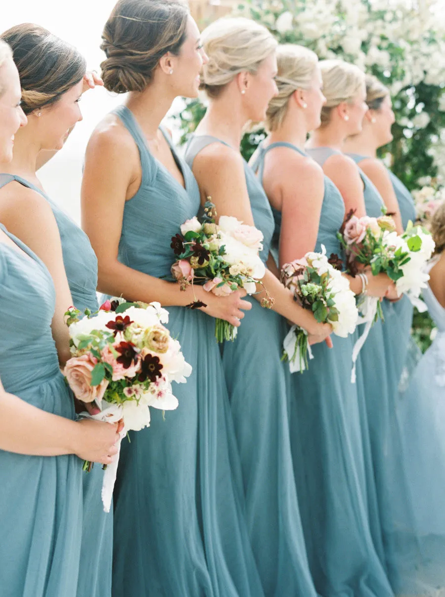 Mismatched Long Bridesmaid Dress with Jade Tulle and V-neck