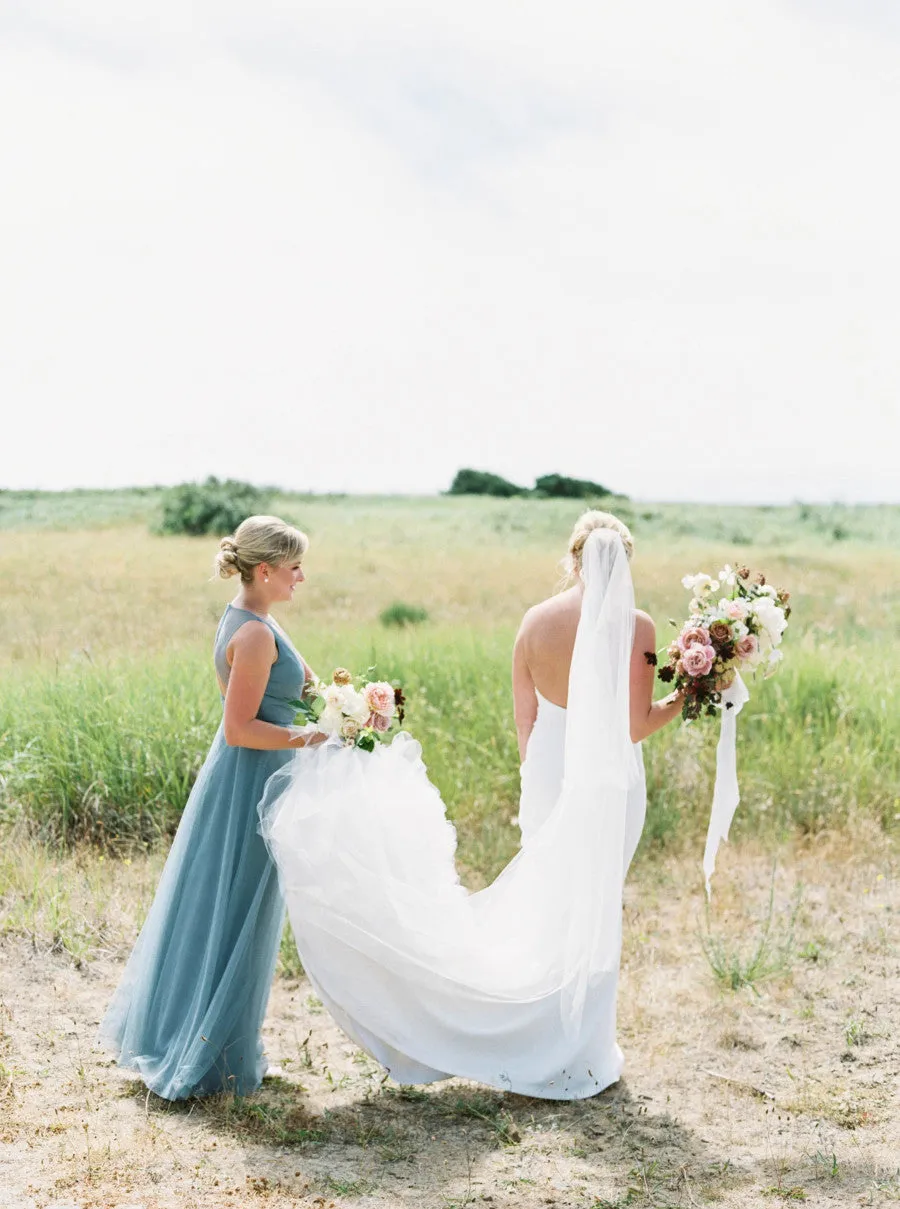 Mismatched Long Bridesmaid Dress with Jade Tulle and V-neck