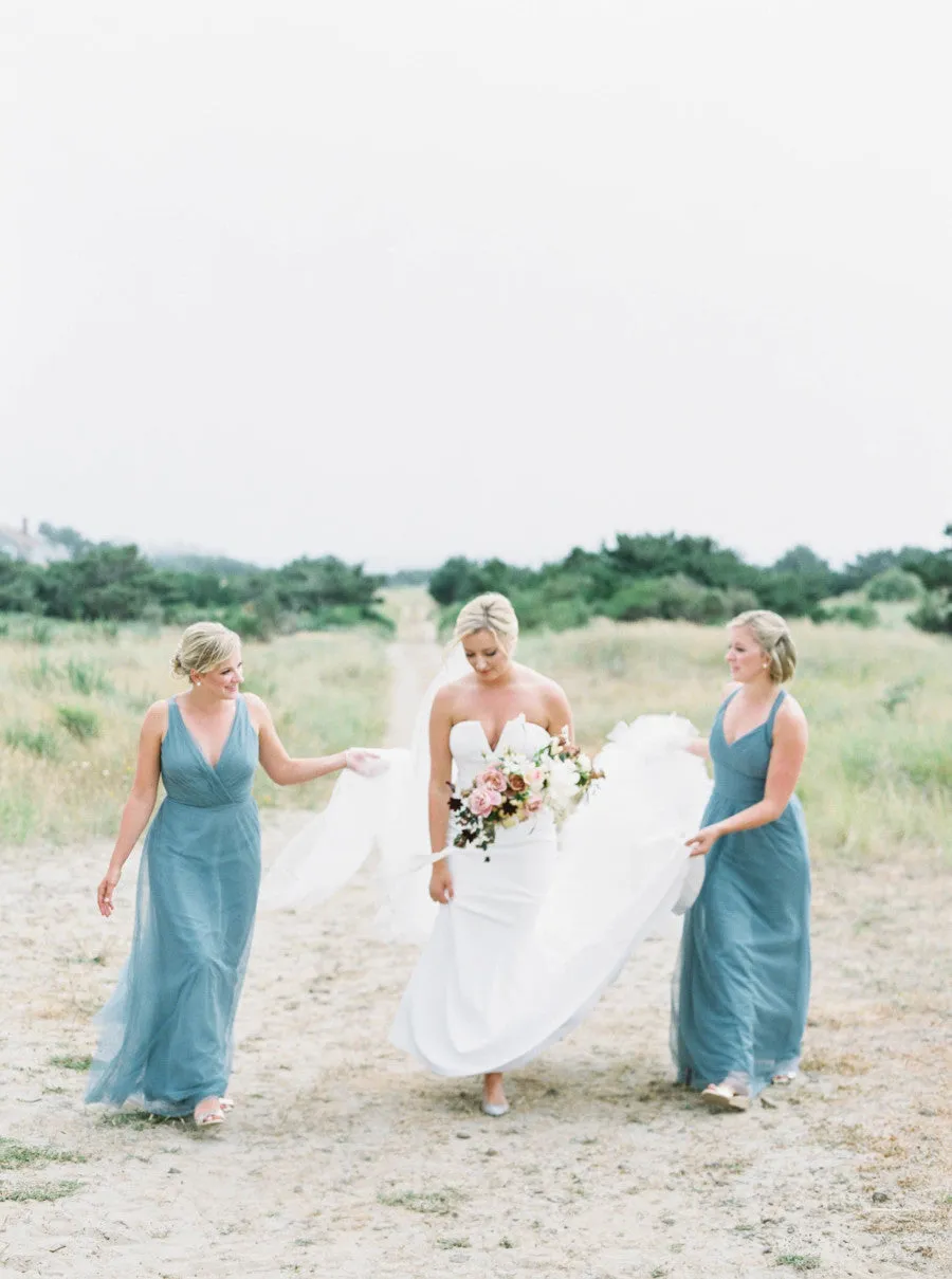 Mismatched Long Bridesmaid Dress with Jade Tulle and V-neck