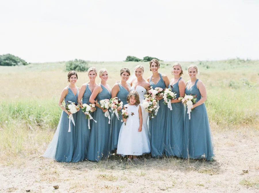 Mismatched Long Bridesmaid Dress with Jade Tulle and V-neck