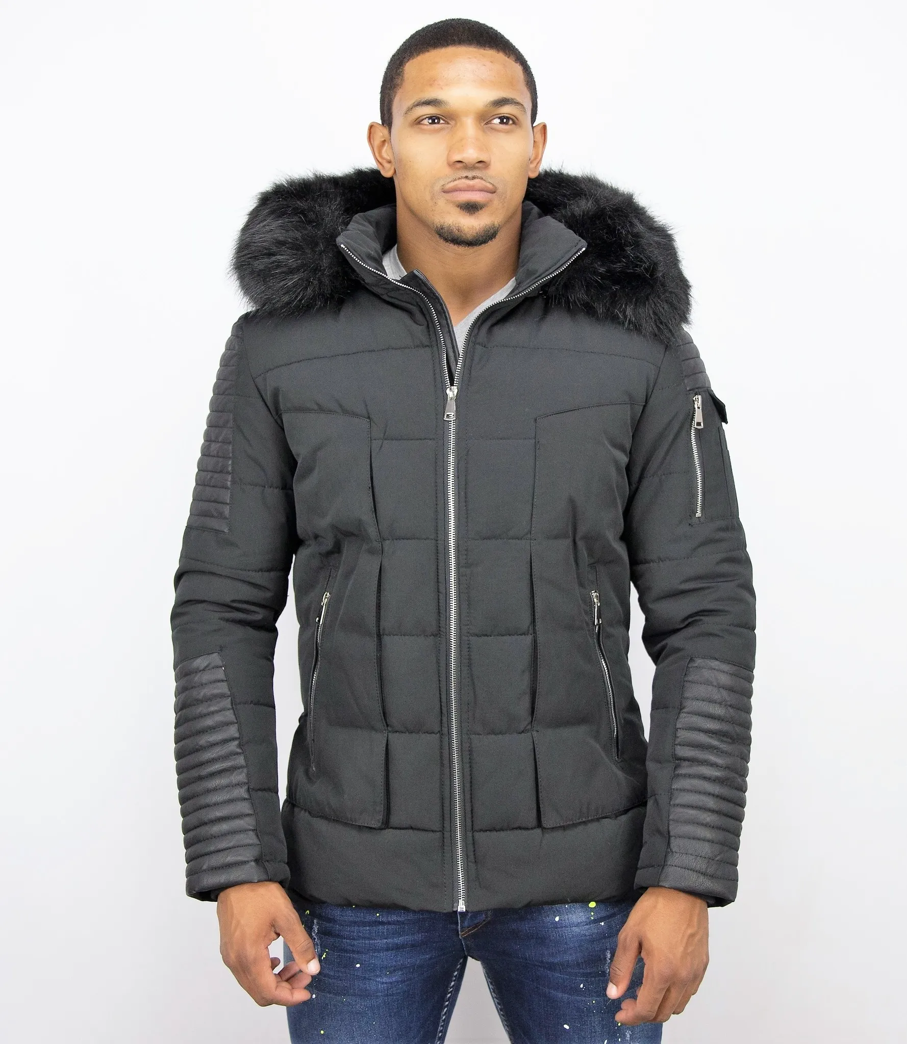 Leather Arm Winter Coat Full Black |