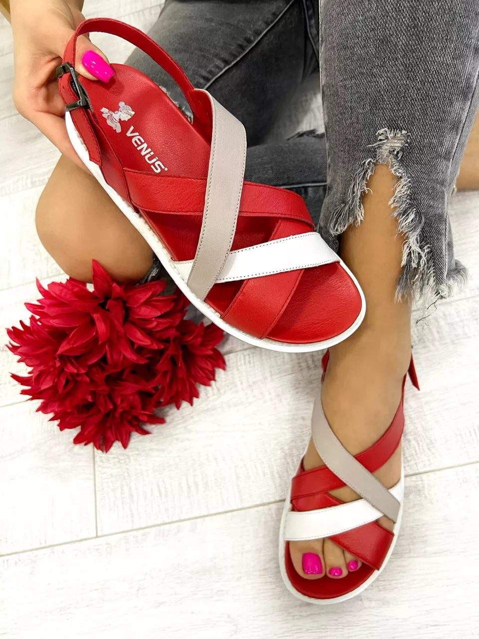 Leather sandals D673 - VNS - CROSS STRAP - RED