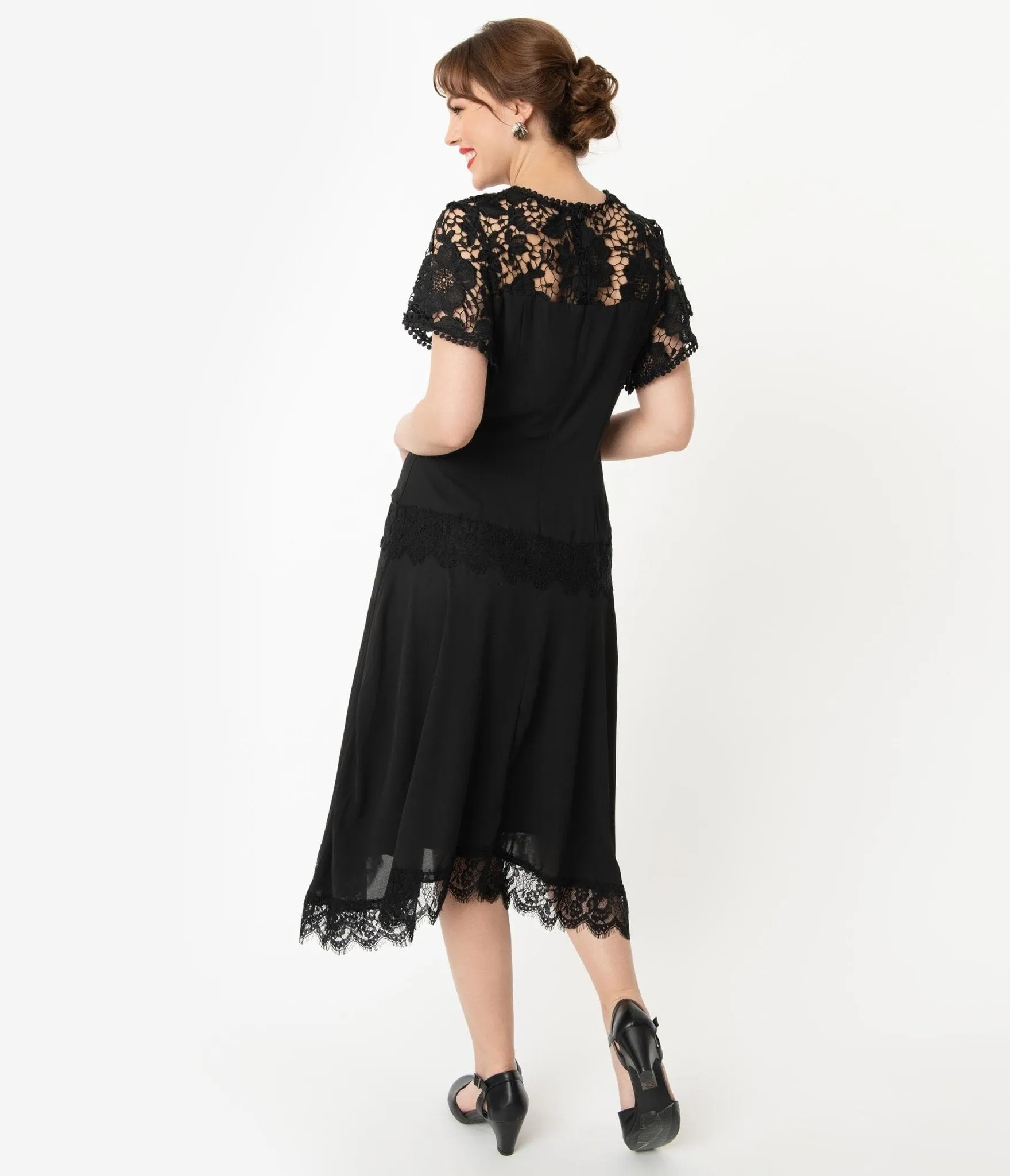 Unique Vintage 1920s Black Lace Marmande Flapper Dress