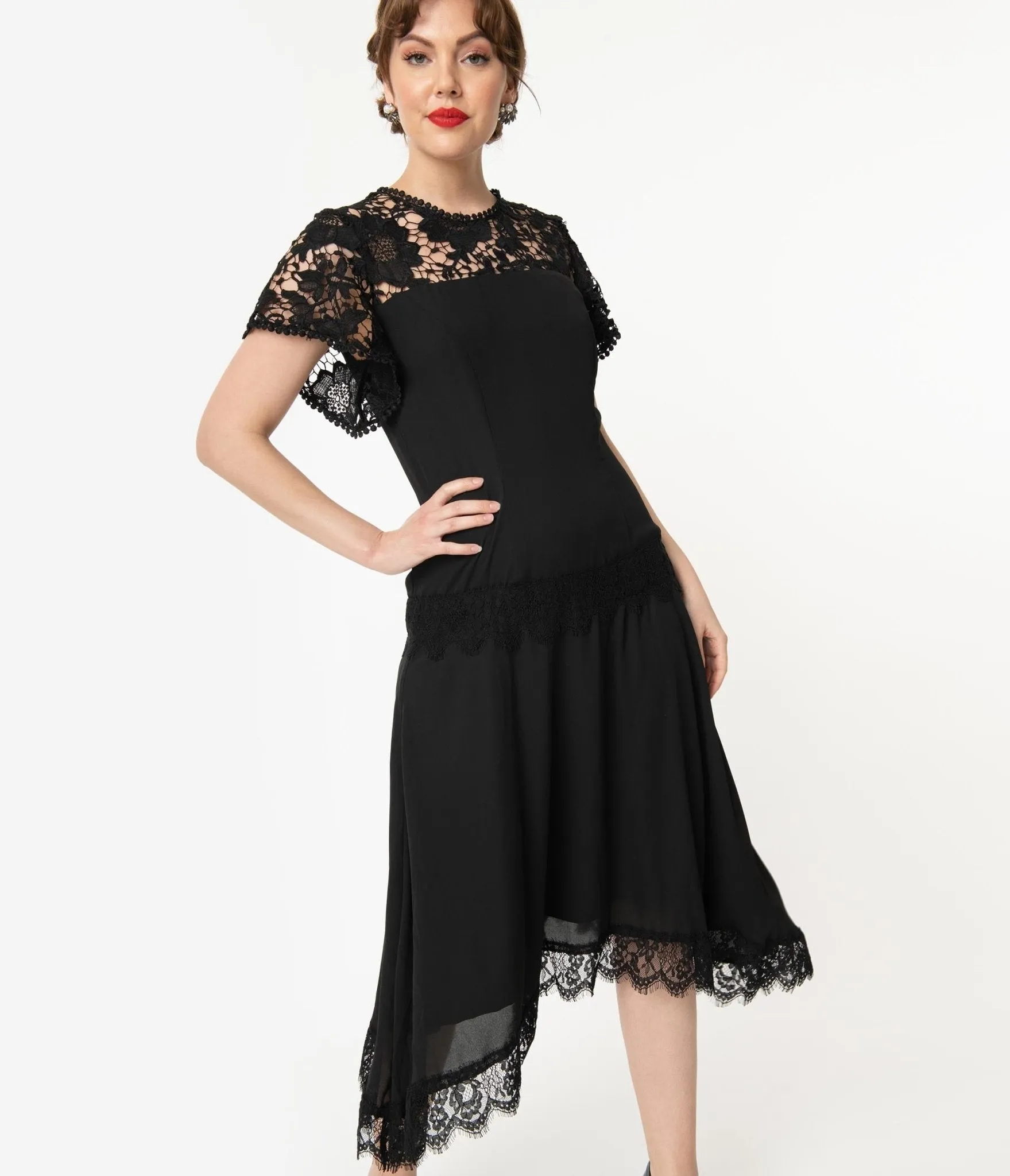 Unique Vintage 1920s Black Lace Marmande Flapper Dress