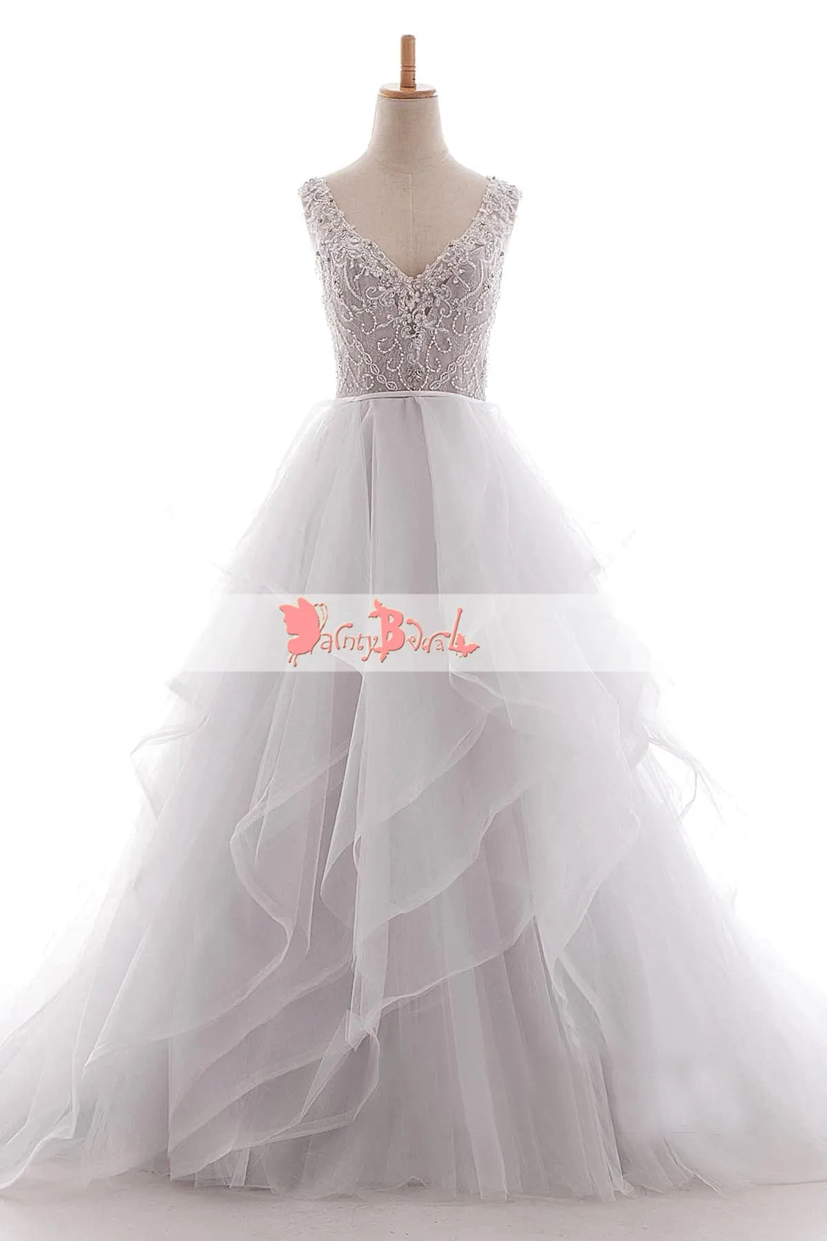 Ball Gown Princess Wedding Dress with White Beaded Lace Top and Ruffles