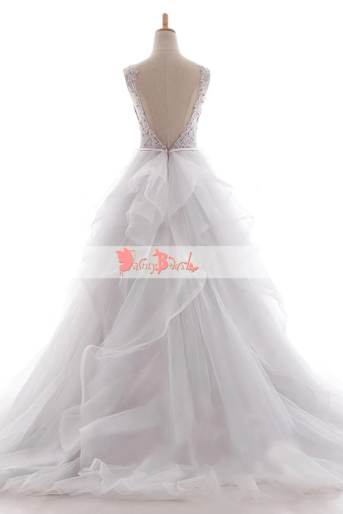 Ball Gown Princess Wedding Dress with White Beaded Lace Top and Ruffles