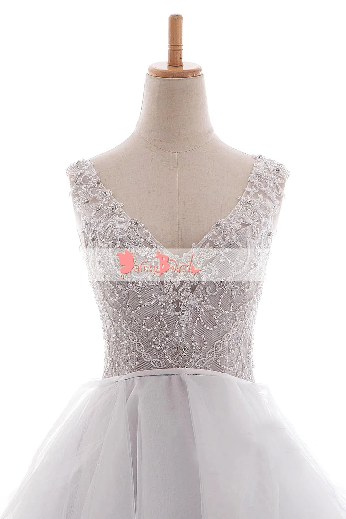 Ball Gown Princess Wedding Dress with White Beaded Lace Top and Ruffles