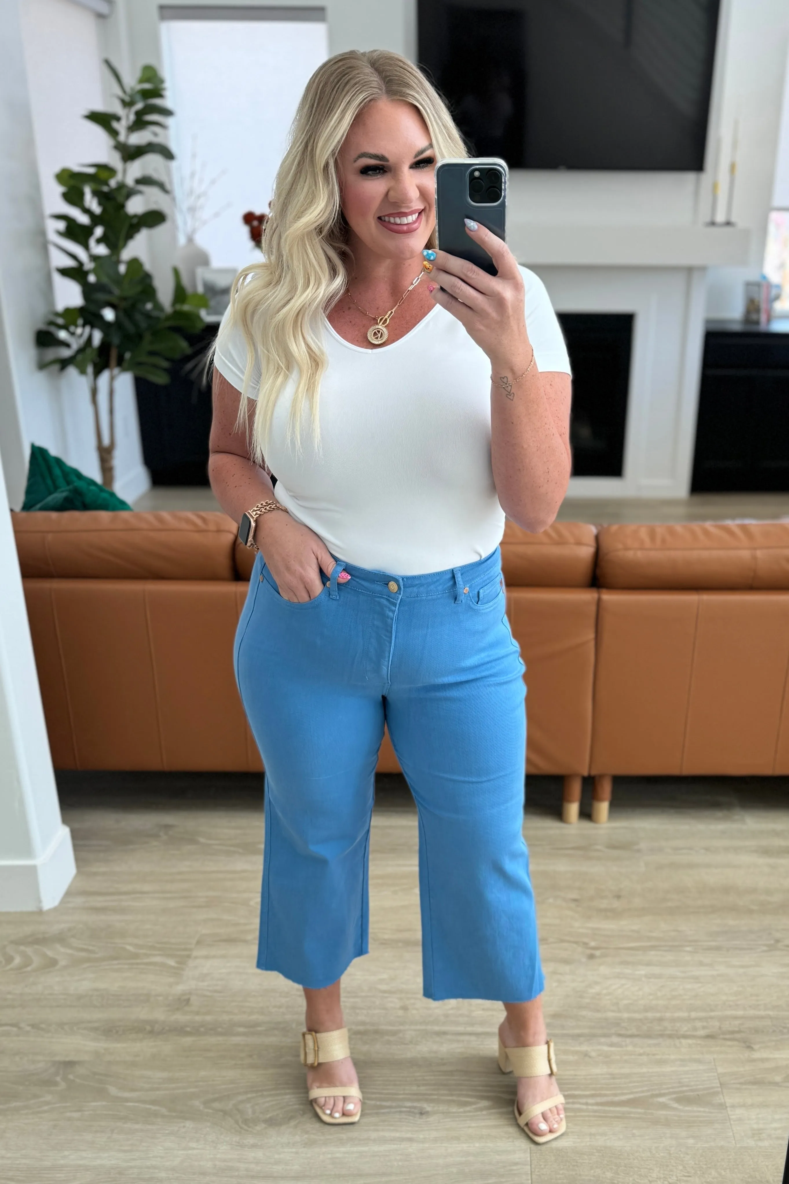 Ladies' Sky Blue High Waist Wide Leg Jeans with Control Top