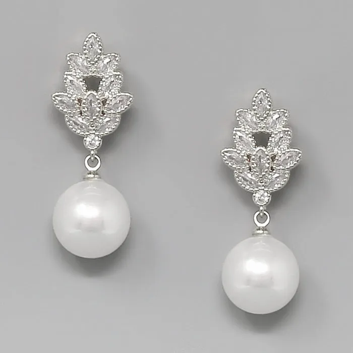 Pearl Drop CZ Marquise Cluster Earrings