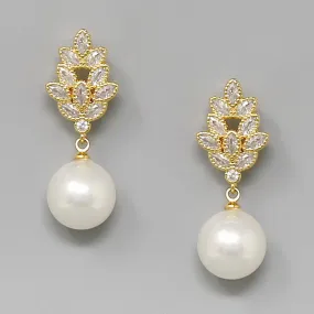 Pearl Drop CZ Marquise Cluster Earrings