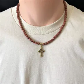 Goldstone and Gold Mens Cross Beaded Necklace