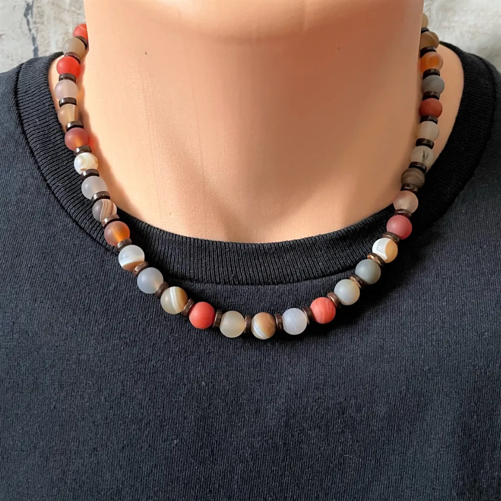 Men's Matte Carnelian Agate Wood Beaded Necklace