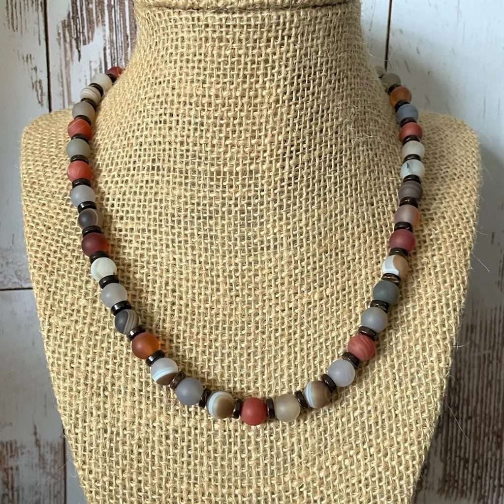 Men's Matte Carnelian Agate Wood Beaded Necklace