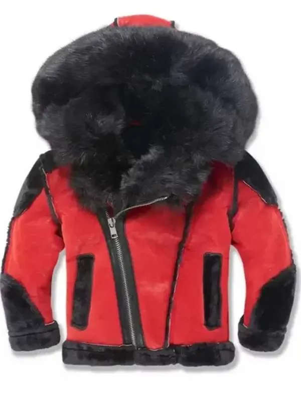 Men's Hooded Red & Black Shearling Jacket - New American Jackets