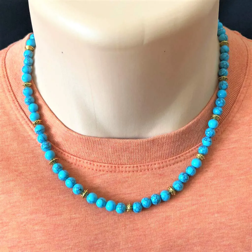 Turquoise Howlite and Gold Beaded Mens Necklace