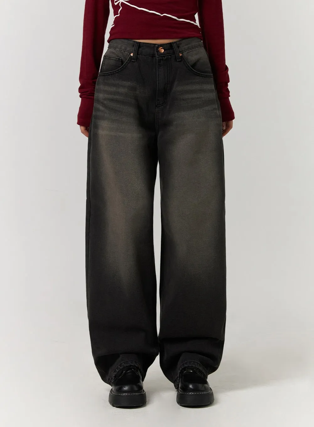 Washed Wide Leg Jeans with Mid Waist