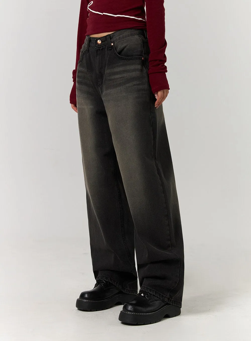 Washed Wide Leg Jeans with Mid Waist