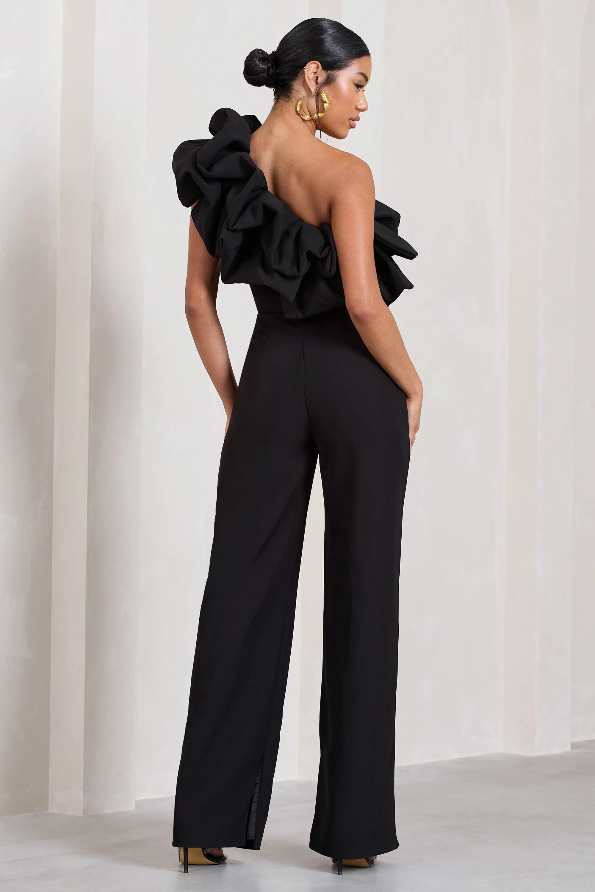 Black Asymmetric Ruffled Wide-Leg Jumpsuit