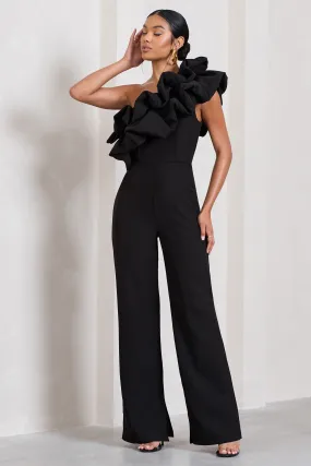 Black Asymmetric Ruffled Wide-Leg Jumpsuit