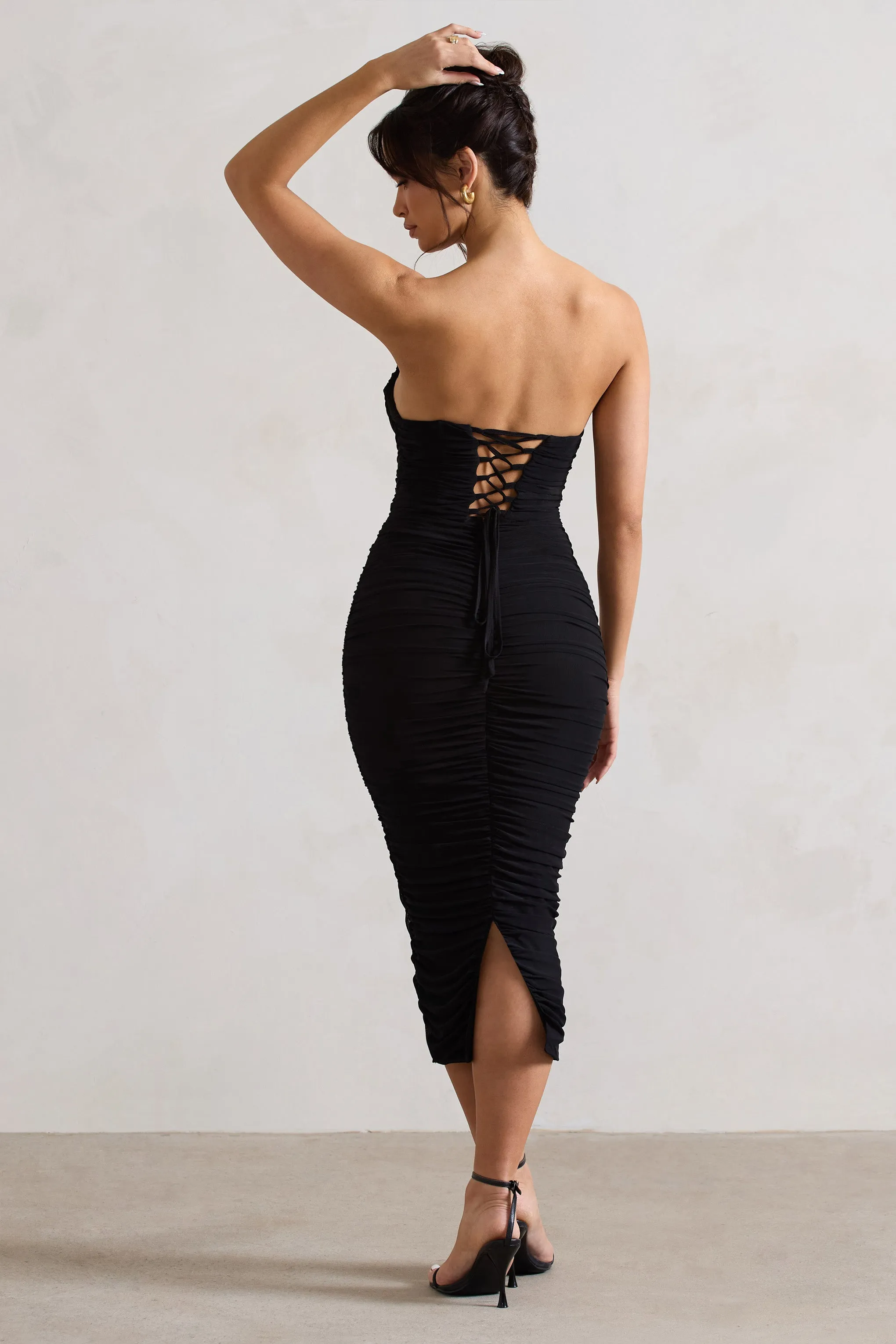 Nylah Black Ruched Corset Bodycon Midi Dress