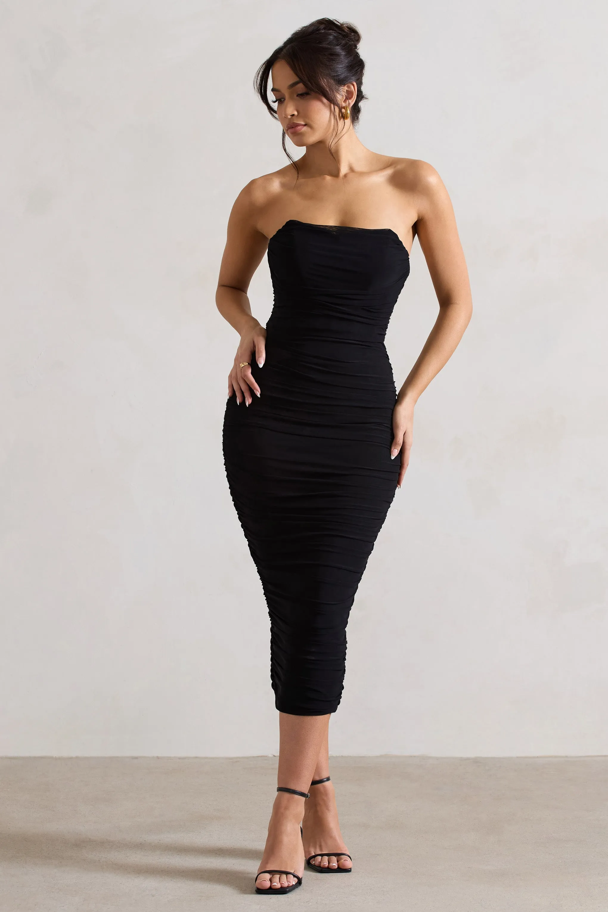 Nylah Black Ruched Corset Bodycon Midi Dress