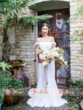 Minimalist Off-White Boho Wedding Dress with Off-Shoulder Style