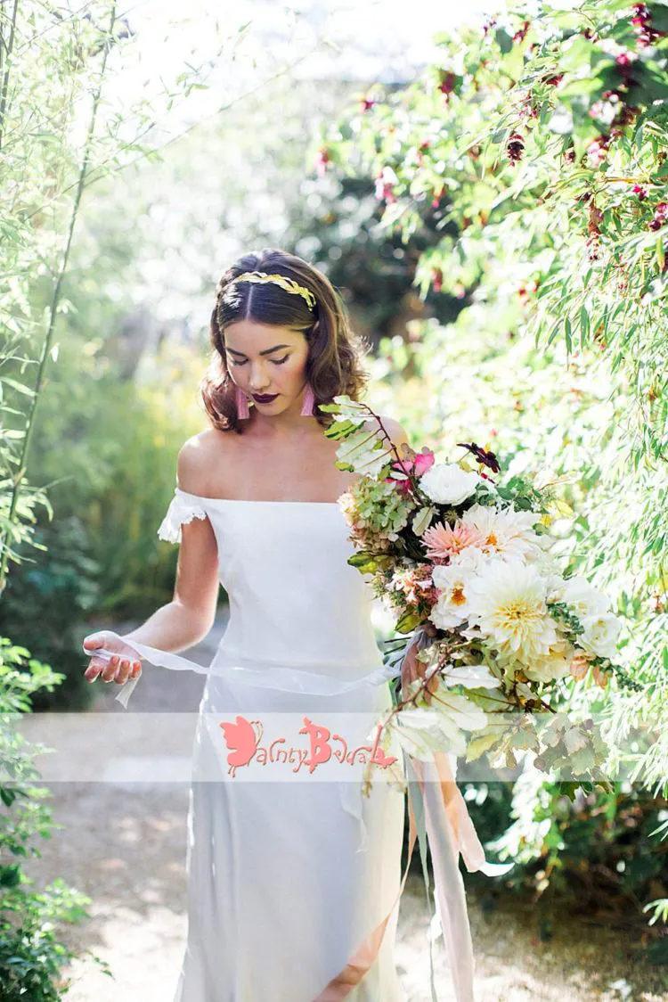 Minimalist Off-White Boho Wedding Dress with Off-Shoulder Style