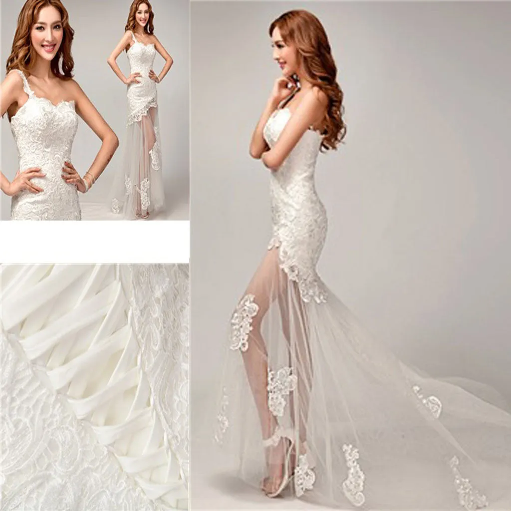 Stylish One Shoulder Lace Top Mermaid Wedding Dress with Lace-Up Detail