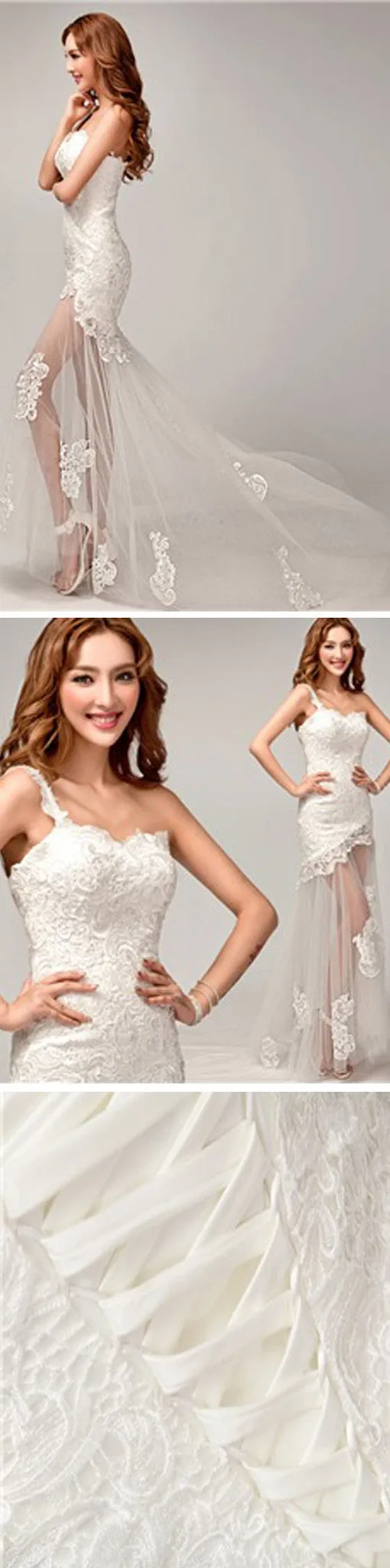 Stylish One Shoulder Lace Top Mermaid Wedding Dress with Lace-Up Detail