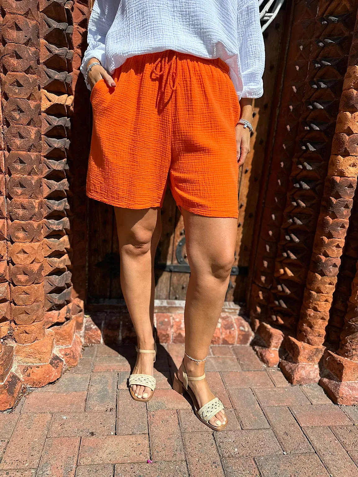 Orange Cotton Drawstring Bubble Shorts