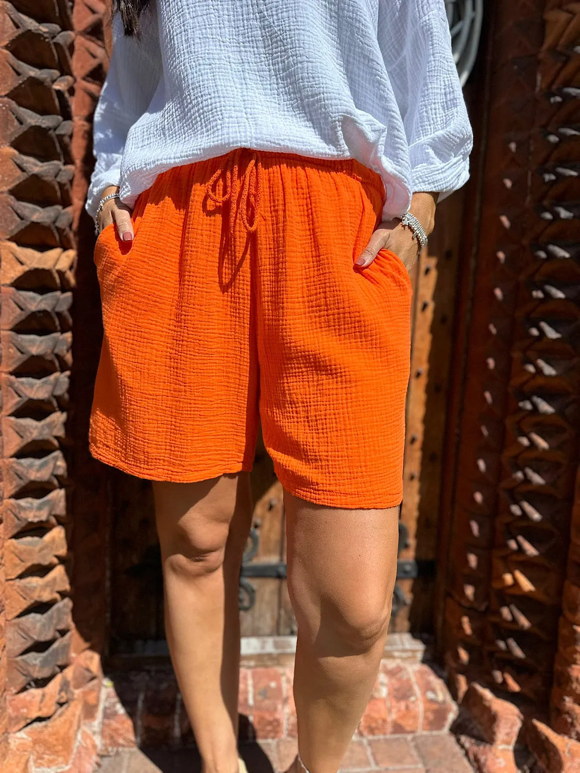 Orange Cotton Drawstring Bubble Shorts